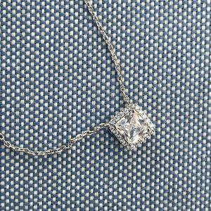 NWT Princess Cut Solitaire CZ with Halo White Gold Plated Necklace